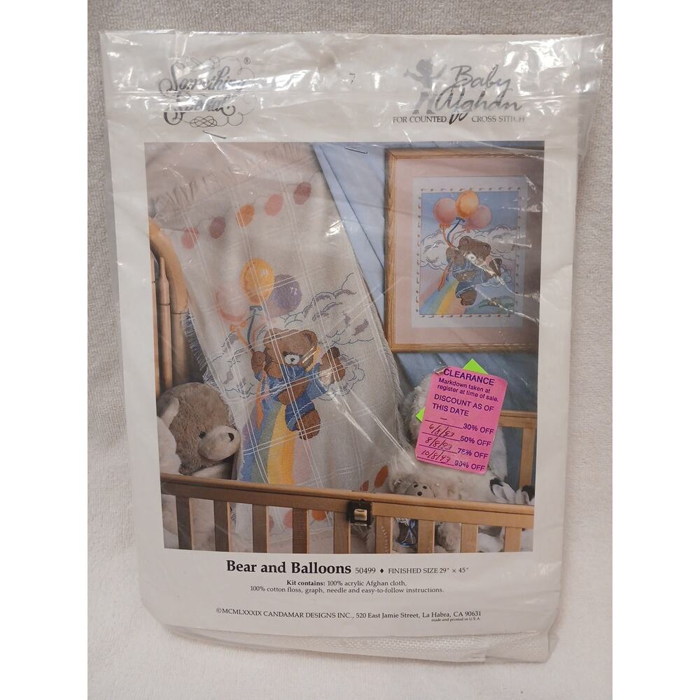 1980 Kit Counted Crossstitch Baby Afghan Something Special Bear Balloons 50499